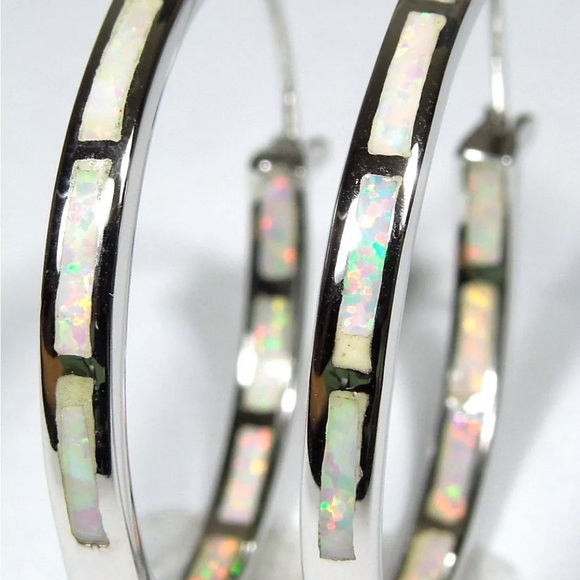 New Sterling Silver Iridescent Opal Hoop Earrings 925 - Picture 8 of 8